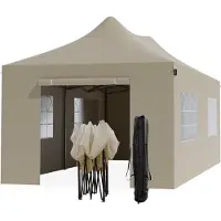 LifeGoods Tente de réception - Pavillon - 3x6 m - parois latérales - facile à monter - pliable - étanche - sac de transport à roulettes - beige
