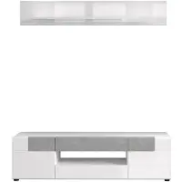 Ebuy24 Tokyo table TV 2 portes, 2 tiroirs, 1 tablette et étagère TV supplémentaire, blanc brillant.