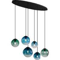 QAZQA Suspension Art Déco Noire avec Plaque de Plafond Ovale et Verre Vert et Bleu 6 Lumières - Douglass