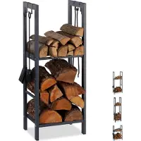 Relaxdays Étagère à bois avec 2 tablettes, en acier, 4 crochets pour les accessoires de cheminée, étagère à bois HBT 100 x 40 x 30 cm, anthracite