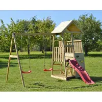Wendi Toys Maison de jeux pour enfants, tour à grimper "Flamingo" avec toboggan, mur d'escalade, coin salon et 2 balançoires bois / rouge