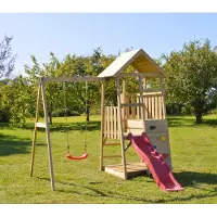 Wendi Toys maison de jeux pour enfants, tour à grimper "Panda" avec toboggan, mur d'escalade et balançoire bois / rouge