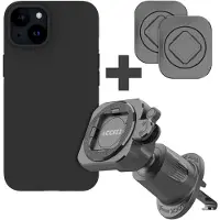 Accezz EasyLock Support de téléphone de voiture - Avec coque Apple iPhone 15 - Grille de ventilation - Rotation à 360 degrés - Noir