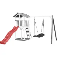 Axi Beach Tower Aire De Jeux Blanc Avec Toboggan En Rouge, Balançoire Nid D'Oiseau Noir & Bac À Sable | Grande Maison Enfant Extérieur En Gris &