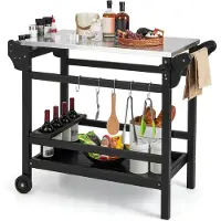 Costway Chariot à grillades en HDPE, table à grillades avec plateau à herbes, support à bouteilles de vin, poignée et 2 roues, plan de travail en acier inoxydable, chariot de service extérieur, table