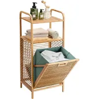 Coast Meuble de salle de bains 40,5 x 33 x 95,5 cm - Panier à linge à bascule - 2 étagères de rangement - Bambou/Toile