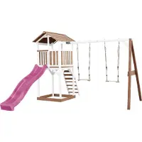 Axi Beach Tower Aire De Jeux Avec Toboggan En Violet, 2 Balançoires & Bac À Sable | Grande Maison Enfant Extérieur En Marron & Blanc | Cabane De Jeu