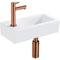 Qeramiq Fuente pack lave-mains – 37,5 x 18,5 x 9 cm – céramique blanc mat – perçage à gauche – robinet cuivre brossé SW1122450/SW799405/SW799403/SW970033