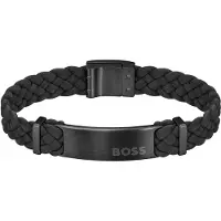 BOSS Bracelet tressé en cuir suédé noir avec plaquette logo