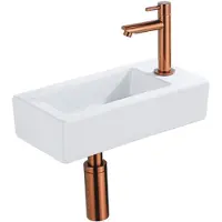 Qeramiq Fuente pack lave-mains – 37,5 x 18,5 x 9 cm – céramique blanc mat – perçage à droite – robinet cuivre brossé SW1122446/SW799405/SW799403/SW970033