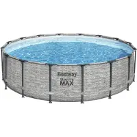 Bestway Steel Pro MAX Piscine hors sol set complet avec pompe de filtration Ø 488 x 122 cm, aspect mur de pierre (gris crème), ronde