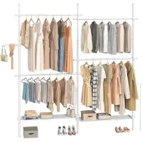 Songmics Penderie au plafond, penderie à 3 niveaux, réglable en hauteur et en largeur, penderie ouverte avec étagères amovibles, penderie, bras de préhension, blanc mat