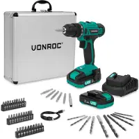 Vonroc Perceuse sans fil 20V | Incluant 2x 2.0Ah Battery, Charger, et 46 accessoires dans une valise premium