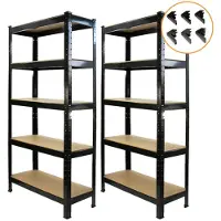 Monster Racking - Lot de 2 rayonnages noirs 5 niveaux, 75x150x30 cm, rangement garage/atelier, cadre acier et MDF