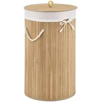 Juskys Panier à linge Curly en bambou - 55 litres - couleur naturelle - avec sac à linge et couvercle