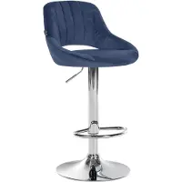 CLP Tabouret de bar Milet, revêtement en velours, réglable en hauteur, pivotant, avec dossier, bleu, piètement chromé