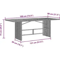 vidaXL Table de jardin avec plateau en verre noir 190x80x75 cm Poly rotin
