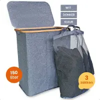Goliving Trieur de linge 3 boîtes - 150L - Panier à linge pliable avec couvercle - 3 sacs amovibles avec étiquettes de couleur - 57 x 37 x 66 cm - Gris
