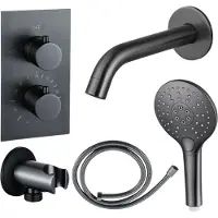 FortiFura Calvi Ensemble de robinet de baignoire - bec - 22cm réductible - flexible en métal - douchette ronde - partie encastrable - support mural - gunmetal PVD brossé