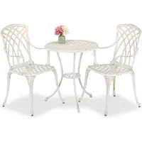 Relaxdays Ensemble de mobilier de jardin , 3 pièces, table et 2 chaises, fonte d'aluminium, mobilier de balcon au design antique, salon de jardin, blanc/bronze