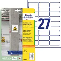 Avery-Zweckform Etiquettes en papier Avery L7874-20, pour l'étiquetage, fortement adhésives, blanc, 63,5 x 29,6 mm, 20 x A4, 540 pcs.