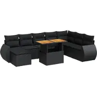 vidaXL Ensemble de salon de jardin 9 pièces avec coussins noir poly rotin