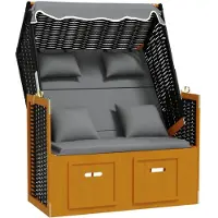 vidaXL Fauteuil-cabine de plage avec coussins Poly rotin et bois massif Gris & Blanc