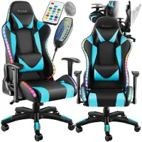 TecTake Chaise de gaming TARTAROS avec fonction massage et LED - noir/azur