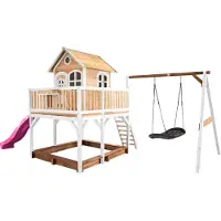 Axi Liam Maison Enfant Avec Bac À Sable, Balançoire Nid D’Oiseau Noir & Toboggan Violet | Aire De Jeux Pour L'Extérieur En Marron & Blanc |