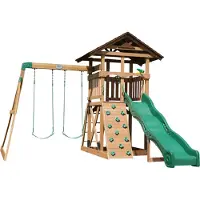 Backyard Discovery Lightning Ridge, Aire De Jeux En Bois | Portique Balançoire Avec Mur D'Escalade, Toboggan Et Balançoire, Bac À Sable | Cabane