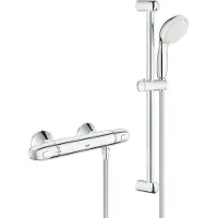 GROHE Grohtherm 1000 Ensemble de douche - mitigeur thermostatique - avec rosaces - avec ensemble de douche - 60cm - douchette carrée - 2 types de jet - flexible de douche lisse - chrome 34820005