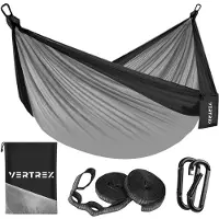 VERTREX Hammock Pro Hamac avec sangle et mousqueton pour hamacs - 270 x 140 cm - Max 200 kg - Gris/Noir