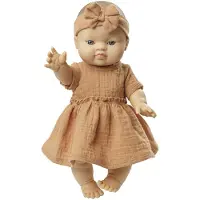 Heless Robe de poupée en 100% coton biologique avec froufrous et bandeau, caramel, 2 pièces, taille 28 35
