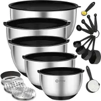 Coock inox - Set de bols à mélanger avec couvercle - Bols à frire avec couvercle - Bol de stockage avec râpe - Bol pour salades et mélanges - Set de 22 pièces de 1,5 à 5 litres - Cuillères à mesurer