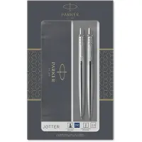 Parker Jotter Duo coffret cadeau avec biros et porte-mine (0.5 mm) | acier inoxydable avec finition chromée | Recharge d'encre bleue