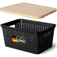 Novaliv Boîte de rangement avec couvercle en bois Petit panier 5L Noir en rotin Design Alimentaire Panier de rangement Empilable Boîte emboîtable Plastique BPA-free Caisse de rangement avec couvercle