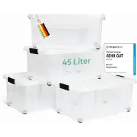 Novaliv 4x boîtes de rangement avec couvercle Grand 45L transparent Nestbar empilable avec fermeture à clip Boîtes à roulettes plastique BPA-free 61x40x26 cm