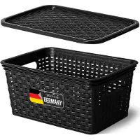 Novaliv Boîte de rangement avec couvercle Petit panier 5L Noir design rotin Alimentaire Panier de rangement Empilable Boîte emboîtable Plastique BPA-free Caisse de rangement avec couvercle