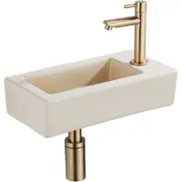 Qeramiq Fuente pack lave-mains – 37,5 x 18,5 x 9 cm – céramique beige – perçage à droite – robinet doré brossé SW1122448/SW696208/SW696218/SW696238
