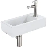 Qeramiq Fuente pack lave-mains – 37,5 x 18,5 x 9 cm – céramique blanc mat – perçage à droite – robinet inox brossé SW1122446/SW696207/SW696217/SW696237
