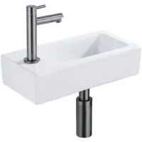 Qeramiq Fontein Fonteinset - 37.5x18.5x9cm - céramique - trou de robinet gauche - robinet lave-mains gunmetal - bonde de vidage - siphon abaissé - Brillant blanc SW1122449/SW769487/SW767295/SW696239