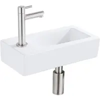 Qeramiq Fuente pack lave-mains – 37,5 x 18,5 x 9 cm – céramique blanc mat – perçage à gauche – robinet inox brossé SW1122450/SW696207/SW696217/SW696237