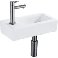 Qeramiq Lave-mains Kit lave-mains - 37.5x18.5x9cm - céramique - trou de robinet gauche - robinet lave-mains gunmetal - bonde de vidage - siphon abaissé - Mat blanc SW1122450/SW769487/SW767295/SW696239