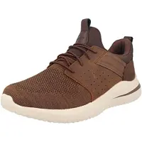 SKECHERS Homme Delson 3.0 Cicada Basket, Maille tricotée Marron foncé avec Cuir, 42.5 EU