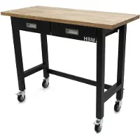HBM établi 122 cm avec 2 tiroirs, mobile, plan de travail en bois massif, noir