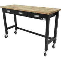HBM établi 152 cm avec 3 tiroirs, mobile, plan de travail en bois massif, noir