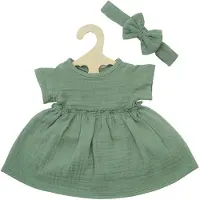 Heless Robe de poupée 100 % coton bio avec volants et bandeau pour les cheveux, vert sauge, 2 pièces