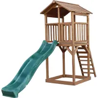 Axi Beach Tower Aire De Jeux Avec Toboggan En Vert & Bac À Sable | Grande Maison Enfant Extérieur En Marron | Cabane De Jeu En Bois