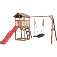 Axi Beach Tower Aire De Jeux Avec Toboggan En Rouge, Balançoire Nid D'Oiseau Noir & Bac À Sable | Grande Maison Enfant Extérieur En Marron | Cabane