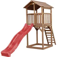 Axi Beach Tower Aire De Jeux Avec Toboggan En Rouge & Bac À Sable | Grande Maison Enfant Extérieur En Marron | Cabane De Jeu En Bois